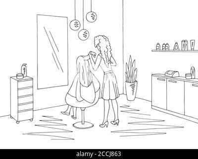 Hair salon graphic black white interior sketch illustration vector. Hairdresser working Stock Vector