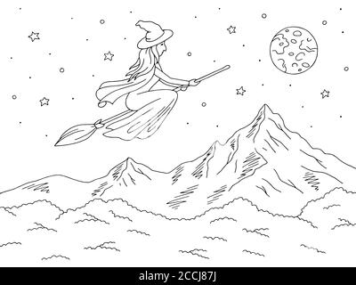 Witch flying on a broomstick. Mountain graphic black white landscape sketch illustration vector Stock Vector