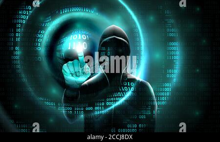 Computer hacker with a hood touches the touch screen binary code. Light waves on abstract binary software dark background hacker silhouette. Hacking c Stock Vector