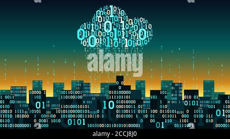 Abstract futuristic smart city with the Internet of things and artificial intelligence, connected to cloud storage of big data, binary rain - data str Stock Vector