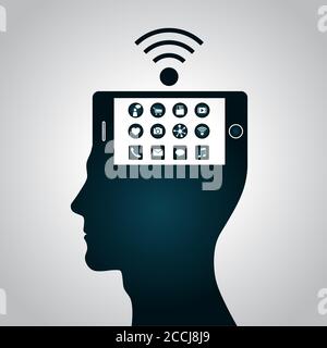 Smartphone, head, brain. Change, replacement way of thinking, mind control, perception management. Robot, biorobot. Vector illustration Stock Vector
