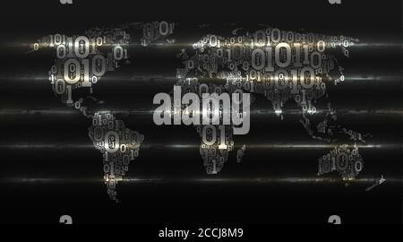 World map with continents from a binary code with a background of abstract circuit boards, electronics. Digital technologies transform the world. Conc Stock Vector