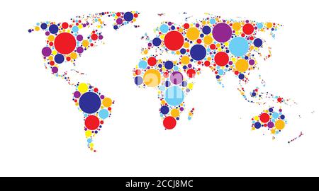 World map of colored circles, multicolor pattern, isolated on white Stock Vector