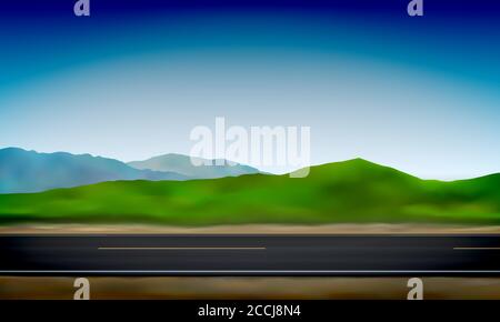 Side view of a road, roadside, green meadow in the hills and clear blue sky background, vector illustration Stock Vector