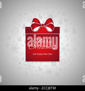 Christmas card, red gift box with ribbon bow on light gray silver background. Merry Christmas. Greeting card. Happy New Year. Vector illustration Stock Vector