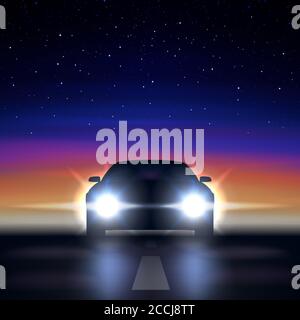 Night car with headlights against the background of a colorful starry sky, approaching along a dark road, the silhouette of a car with bright xenon an Stock Vector
