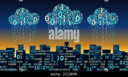 Abstract futuristic smart city with the artificial intelligence and internet of things, connected to cloud storage, binary rain data stream, big data, Stock Vector