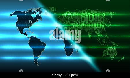 Binary code world map with with a background of abstract circuit boards, electronics. Digital technologies transform the world. Concept of internet of Stock Vector