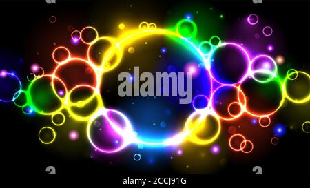 Rainbow neon color bright bubbles, abstract multicolor background with circles, sparkles and bokeh Stock Vector