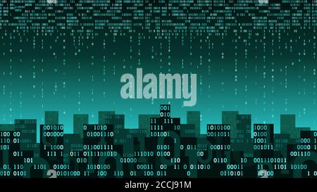 Abstract smart city with the artificial intelligence and internet of things, city connected to cloud storage, binary data stream, big data, futuristic Stock Vector