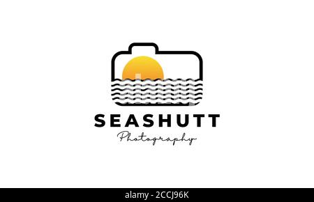 sunset or sea or holiday  shutter lens camera photography studio logo design Stock Vector