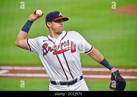 August 22, 2020: Austin Riley awaits a pitch while at bat during the second  inning of a MLB game against the Phillies at Truist Park in Atlanta, GA.  Austin McAfee/(Photo by Austin