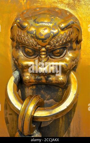 Ornate brass handle and rings created in the image of a mythical lion type creature. Stock Photo