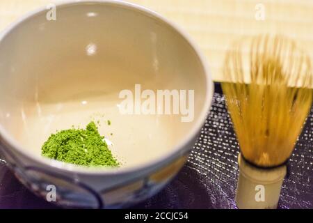 Ceremonial preparation and presentation of Japanese powdered green tea matcha, important part of Japanese culture Stock Photo