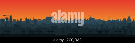 Long city skyline silhouette in a flat style for the footer. Modern cityscape and cargo port with cranes. Layers for parallax.  Vector EPS10. Stock Vector
