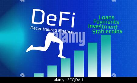 Defi runs up the columns of the chart on the blue background. The system of decentralized loans and investments is gaining momentum. Vector EPS10. Stock Vector