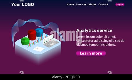 Analytical service website start page template. Isometric infographics. Diagrams on the computer. Website header layout. Vector EPS10. Stock Vector