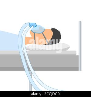 A man lies on a bed with a mask for artificial ventilation of the lungs from coronavirus disease. CPAP. Oxygen mask with two tubes. Flat cartoon illus Stock Vector