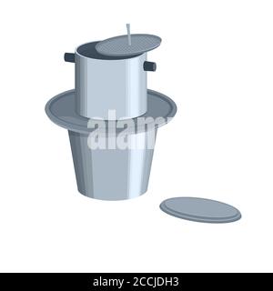 Vietnamese traditional coffee dripper. Coffee maker. Dripping hot coffee brewing system. Flat cartoon. Isolated vector EPS10. Stock Vector