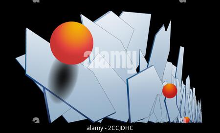 Stylish modern 3D polygonal background of vertical hexagons with a metal surface and orange volumetric balls. Light plane in hexagons. The outgoing pr Stock Vector