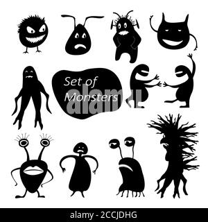 Set of funny cute silhouette creatures. Isolated Critters hand-drawn. Design for print on t-shirts. All monsters are grouped. Stock Vector