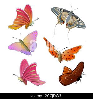 Set of colorful butterflies isolated on a white background. Flying butterflies. Multicolored butterflies with beautiful patterns on the wings. Vector Stock Vector