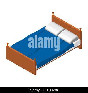 Isometric Double Bed. Brown wooden bed, white mattress and pillow. Blue blanket. Bedroom furniture. Vector EPS10. Stock Vector