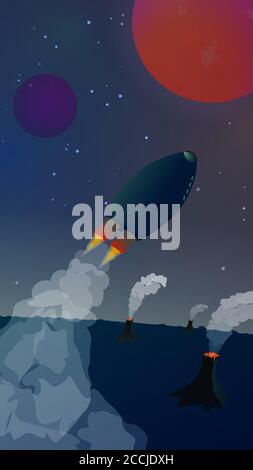 Space landscape with a spaceship flying away from the planet with volcanoes to the red planet. Beautiful smoke from rockets and volcanoes. Starry sky. Stock Vector