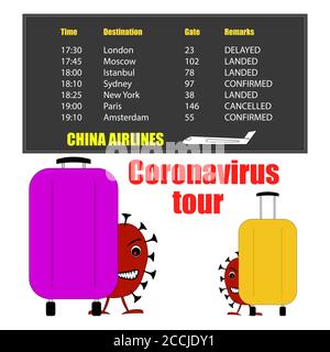 The global coronavirus from China is spreading with tourists on airplanes. An evil red virus hides behind purple and yellow suitcases. Square vector. Stock Vector