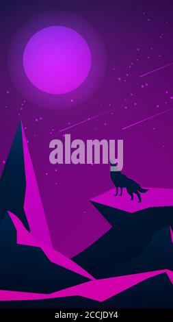 Futuristic night landscape with mountains and a wolf howling at the moon. Polygonal rock. Violet starry sky with moon and meteor shower. Vertical vect Stock Vector