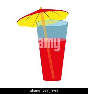 Red cocktail with a hawaiian umbrella isolated on white. Drink in a glass. The umbrella is red above and yellow below. Vector EPS10. Stock Vector