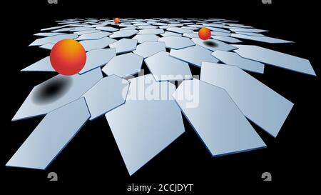 Stylish modern 3D polygonal background of hexagons with a metal surface and orange volumetric balls. Light plane in hexagons. Multilayer composition. Stock Vector