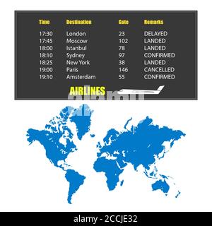 Information board with flight schedule and filled world map isolated on white. World map in blue. On the scoreboard text and plane. Vector EPS10. Stock Vector