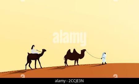 A caravan of camels with people walking along the desert sand. A man rides a camel. The second person leads the camel over the leash. Vector EPS10. Stock Vector
