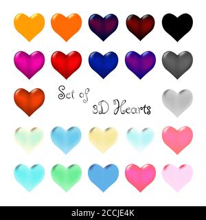 Set of colored 3d hearts. Symbol of love. Different colors on different backgrounds. Isolated decorations for sites and banners. Vector. Stock Vector