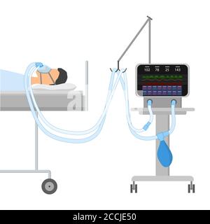 A man lying on the bed with Sleeping Apnea and CPAP. On the face oxygen mask with two tubes connected with a device for artificial ventilation lungs. Stock Vector