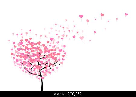 A tree with flying leaves from balloons in the shape of hearts isolated on white. Pink hearts fly from a tree. Broken heart concept. Vector EPS10. Stock Vector