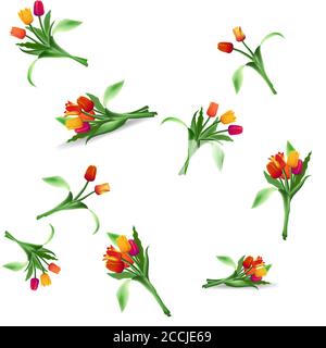 Seamless floral pattern of bouquets of realistic tulips. Blooming bright flowers. Red, yellow and purple buds. Vector. Stock Vector