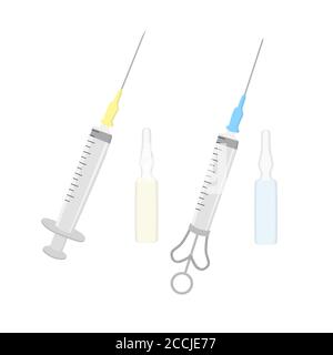 Two syringes and two ampoules with serum. Disposable syringe with needle and ampoule with yellow liquid. Syringe for flushing cavities. Stock Vector