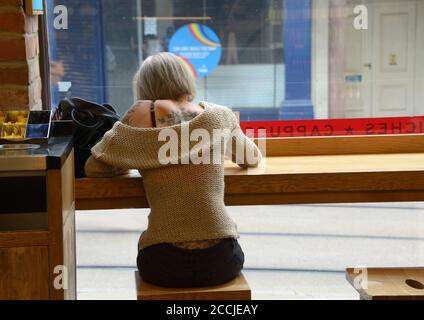 Young lady, in off shoulder sweater, showing tattoos. Sat in coffee house. Stock Photo