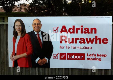 AWAHURI, New Zealand - 20 August 2020 - An election biil board of New Zealand's ruling Labour Party, featuring party leader and current New Zealand Prime Minister Jacinda Ardern together wih the party's Te Tai HauÄuru Maori electorate candidate Adrian Rurawhe, greets motorists as they pass through the settlement of Awahuri. New Zealanders are poised to go to the polls on October 17, athe first election since the onset of the global coronavirus pandemic. Picture: Giordano Stolley Stock Photo