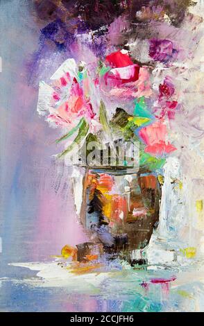 Original abstract oil painting showing fresh flowers bouquet on canvas.Modern Impressionism, modernism,marinism Stock Photo