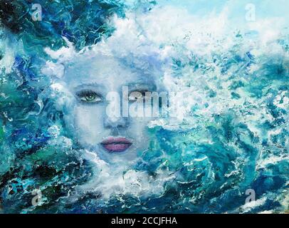 Original abstract oil painting showing woman face from waves in  ocean or sea on canvas. Modern Impressionism, modernism,marinism Stock Photo