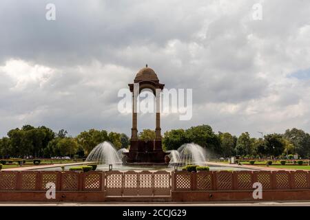 View of the central canopy behind the famous India Gate monument in New Delhi Stock Photo