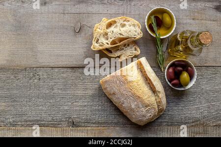 Fresh Italian ciabatta bread with olive oil Stock Photo