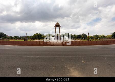 View of the central canopy behind the famous India Gate monument in New Delhi Stock Photo