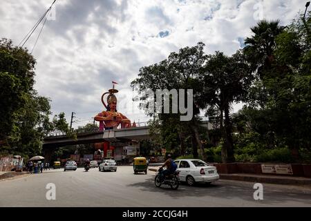 A wide angle view of the famous statue of Lord Hanuman near Jhandewala metro station in New Delhi. Stock Photo