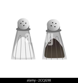 Salt and pepper doodle icons, vintage classic glass shakers with salt and black pepper for seasoning food, isolated vector illustrations on white Stock Vector