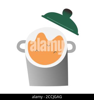 Pan with hot boling soup or broth, doodle icon, isolated vector illustration on white background Stock Vector