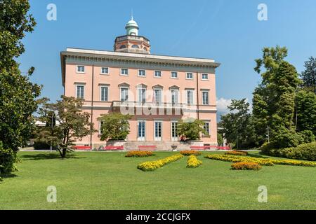 View of Villa Ciani with colorful tulips foreground in the public city park of Lugano, Switzerland Stock Photo